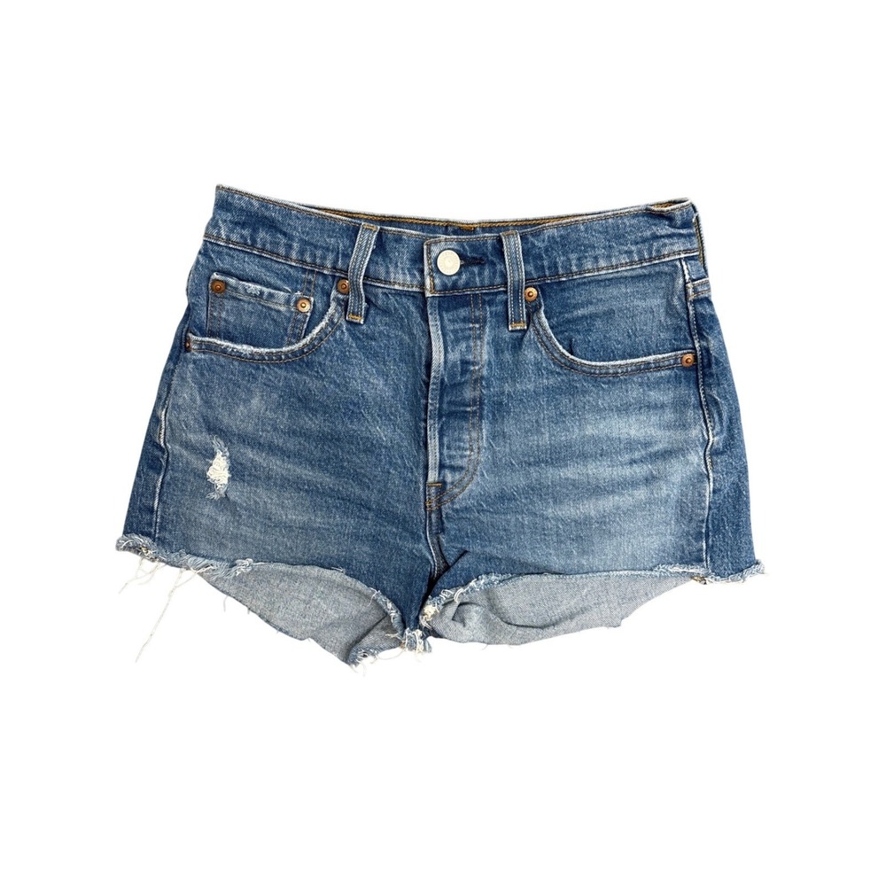 Levis 501 Original Cut Off Denim Shorts Womens 26 Blue High Rise Button Fly 1446